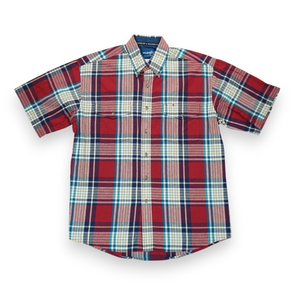 Vintage Wrangler Shirt Men's Large Plaid Short Sleeve Button Up Country Cowboy